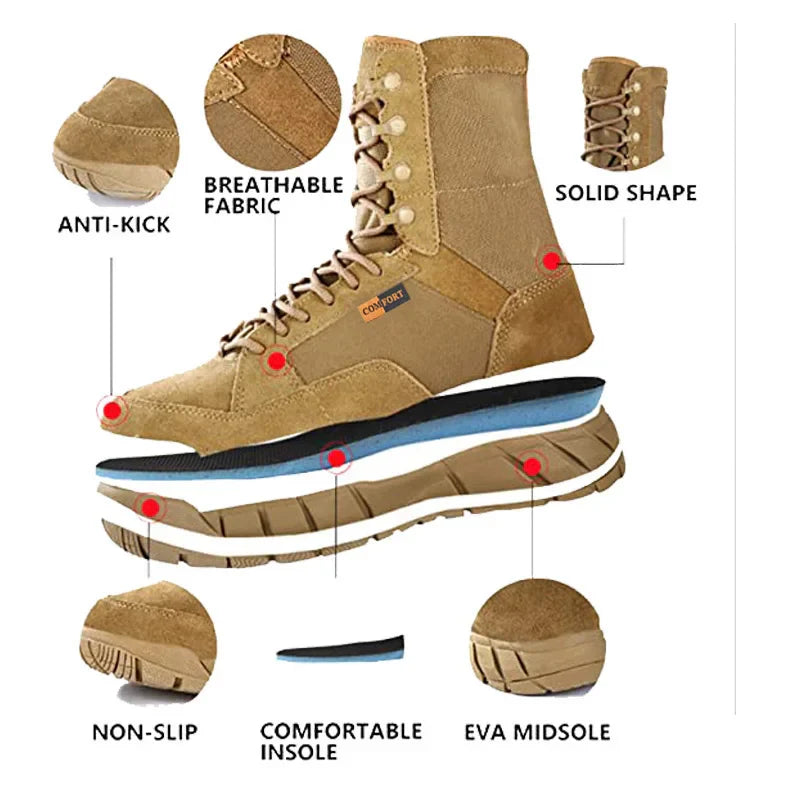 Mens Tactical Mid-Calf Combat Boots (Brown No Zip)